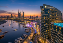 Luxury exterior and infinity pool of InterContinental Dubai Festival City overlooking the creek.
