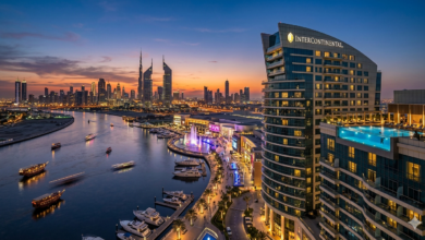 Luxury exterior and infinity pool of InterContinental Dubai Festival City overlooking the creek.