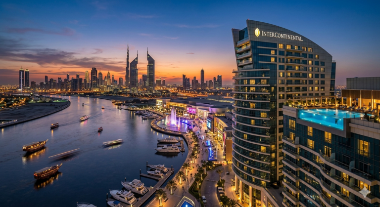 Luxury exterior and infinity pool of InterContinental Dubai Festival City overlooking the creek.