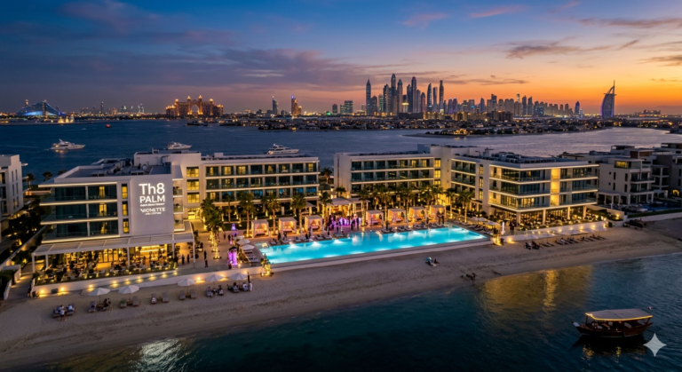 The stylish infinity pool and beachfront cabanas of Th8 Palm Dubai Beach Resort Vignette Collection under a clear sky.